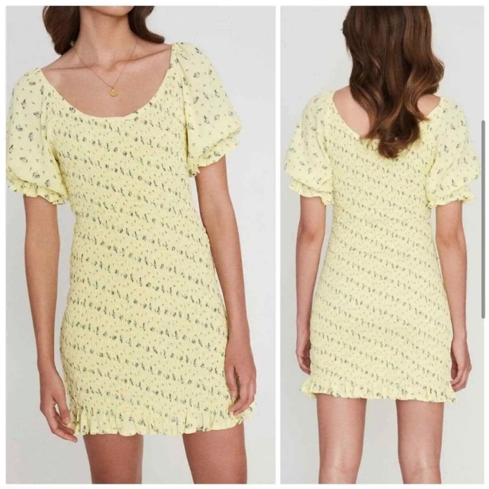 Faithfull The Brand Yellow Floral Smocked Puff Sleeve Fitted Mini Dress size 8 - Picture 7 of 10
